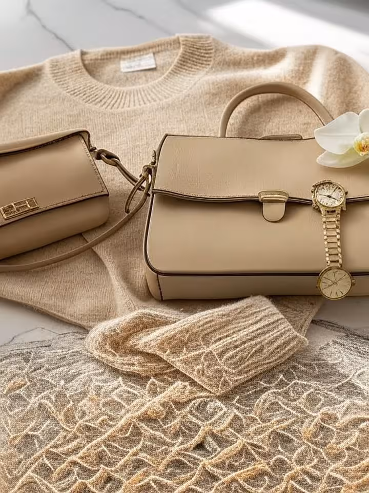 Elegant minimalist fashion flat lay on white marble surface, featuring cashmere sweater in neutral b