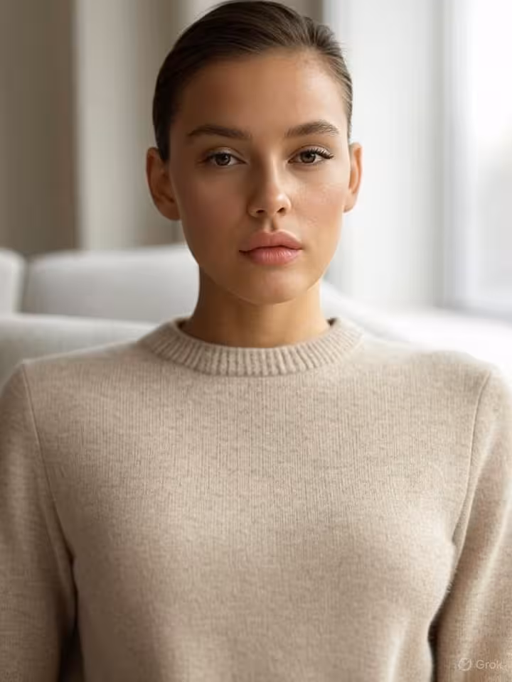 Elegant minimalist fashion editorial, young sophisticated woman in neutral beige cashmere sweater, c