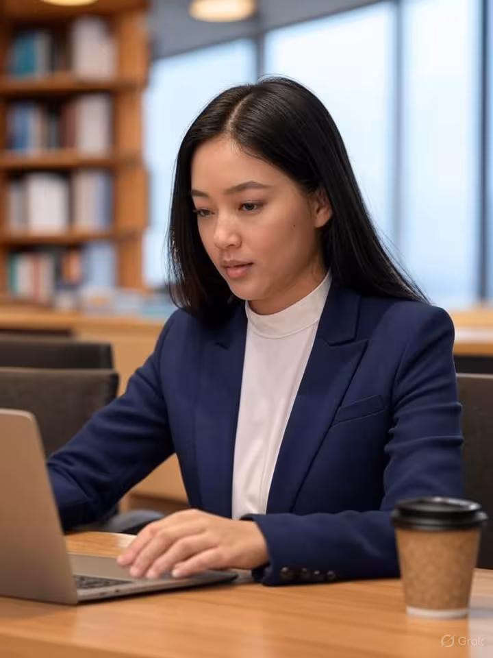 Sophisticated young woman in elegant blazer studying in upscale modern library with laptop and desig