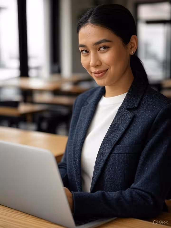 Sophisticated Gen Z woman in her early twenties working on laptop in upscale coffee shop, wearing mi