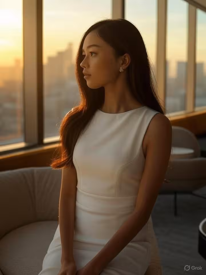 Sophisticated young woman in elegant minimalist outfit looking at city skyline through floor-to-ceil
