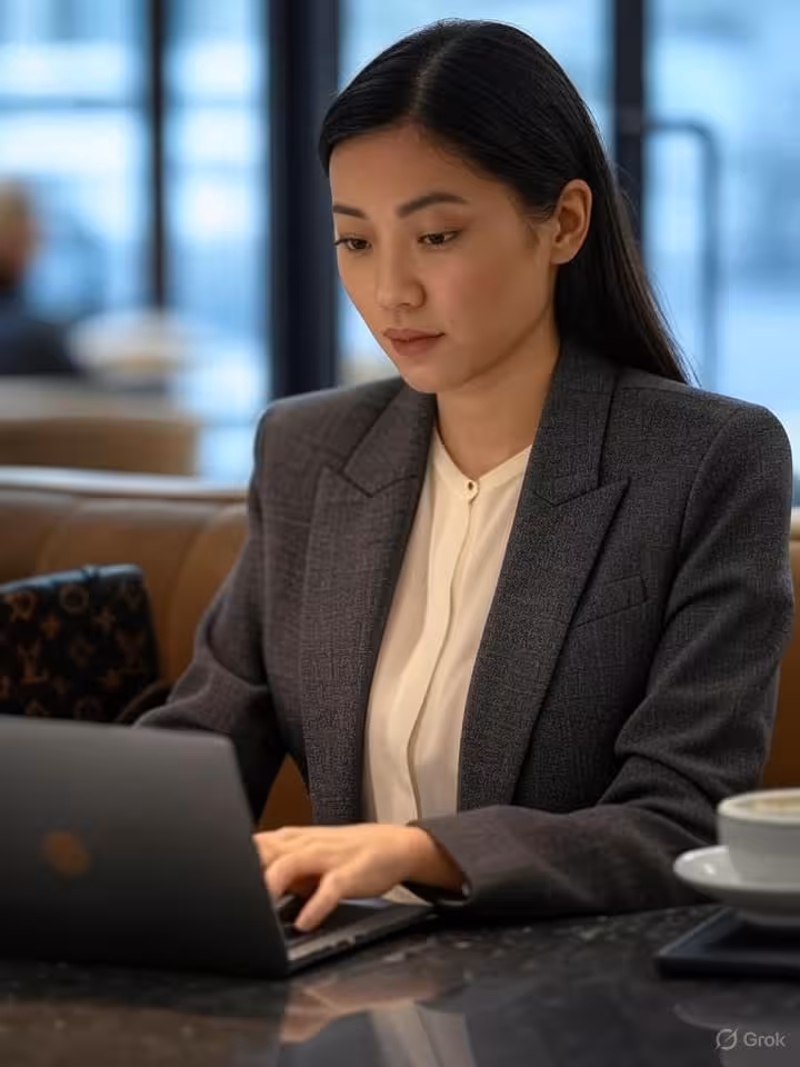 Sophisticated woman in designer outfit working on laptop at upscale cafe, luxury lifestyle, soft nat
