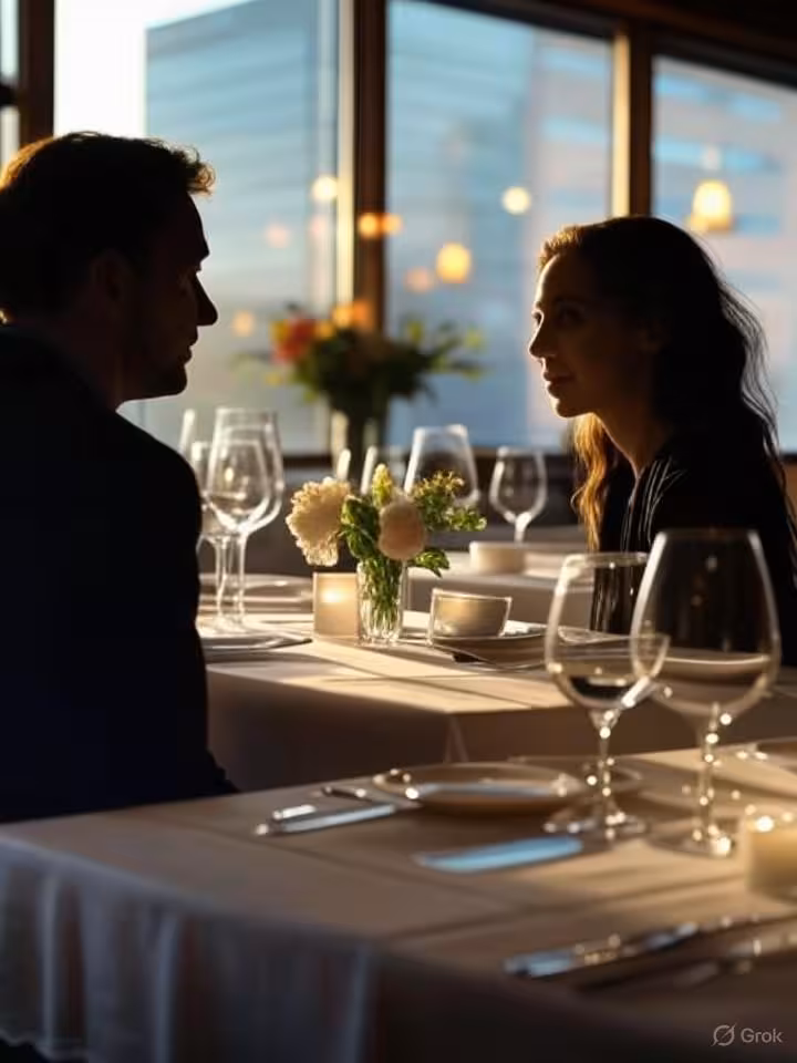 Modern upscale restaurant interior at golden hour, intimate dinner setting with wine glasses and ele