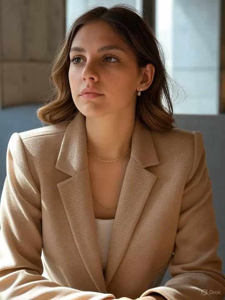 Sophisticated young woman in understated luxury outfit, wearing tailored beige blazer and simple gol