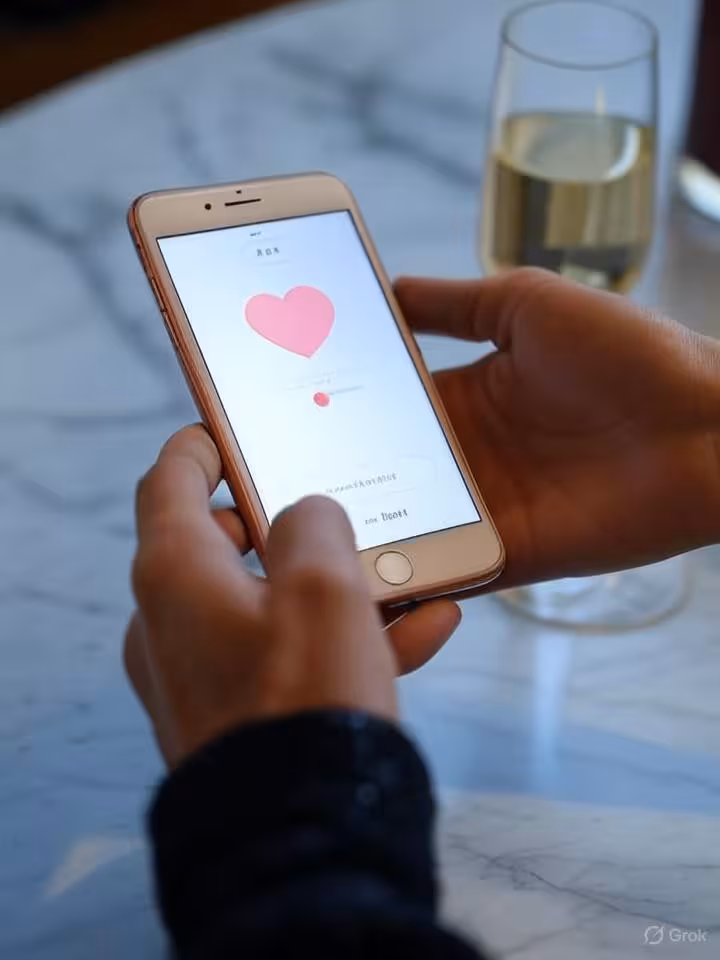 Close-up of hands holding smartphone showing stylized dating app interface, rose gold iPhone, marble