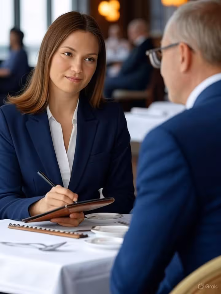 Intimate business meeting scene in upscale Manhattan restaurant, elegant young professional woman ta
