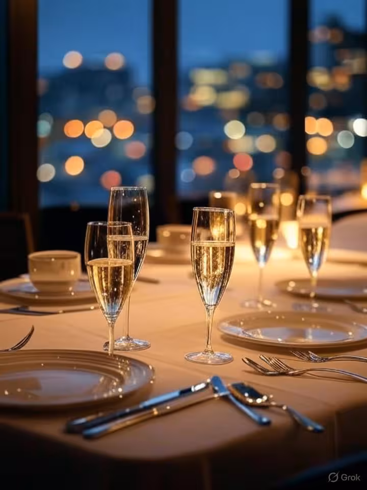 Elegant dinner scene at upscale restaurant, beautifully plated fine dining, champagne glasses, subtl