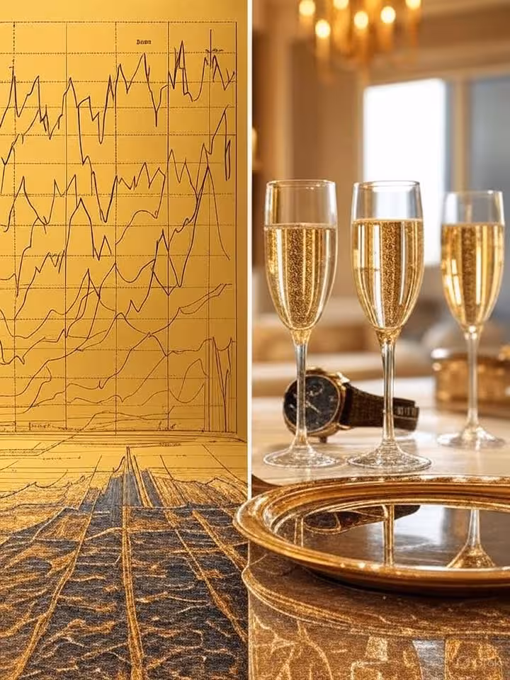 Conceptual split-screen image showing economics charts and graphs merging with romantic elements lik