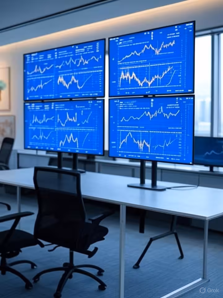 Data visualization and economic charts displayed on multiple screens, financial graphs showing growt