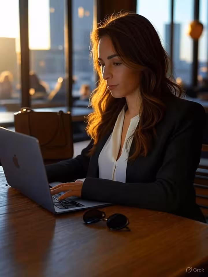 Stylish millennial woman working on laptop in upscale coffee shop with city skyline view, expensive