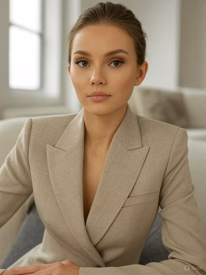 Sophisticated young woman in minimalist luxury setting, wearing The Row tailored blazer in neutral t