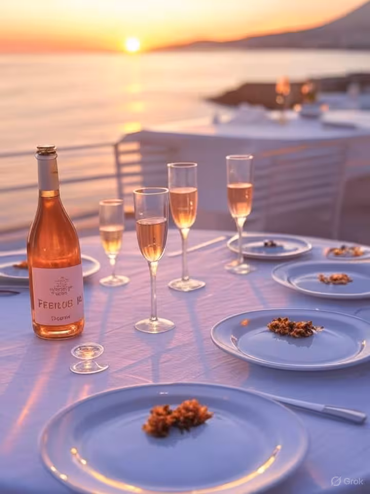 Intimate rooftop aperitif setting overlooking Mediterranean Sea, champagne glasses and French rosé o