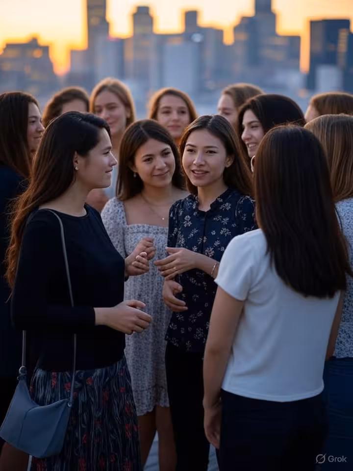 Diverse group of young women networking at upscale rooftop venue, cosmopolitan city skyline at sunse