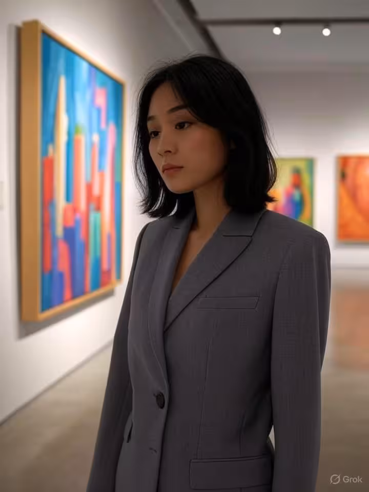 Stylish young woman viewing contemporary art in prestigious museum gallery, wearing quiet luxury fas