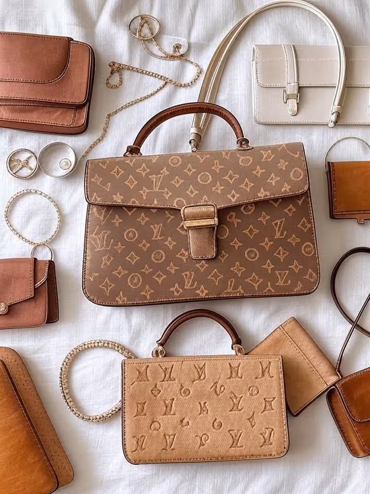 Flat lay of curated investment pieces, vintage designer handbag in classic style, quality leather go