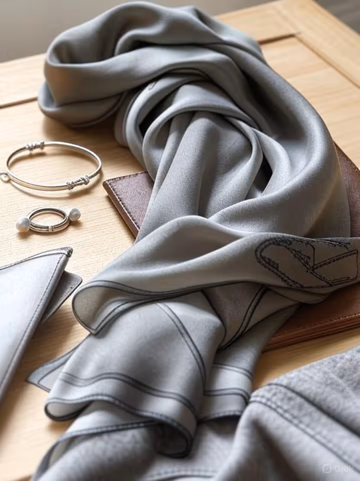 Artful flat lay of luxury minimalist items, vintage Hermès scarf, quality leather goods, simple jewe