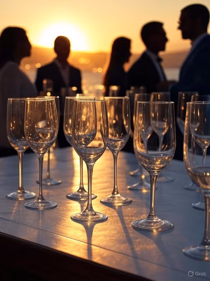 Sunset champagne aperitif on luxury yacht deck, crystal glasses catching golden light, silhouettes o