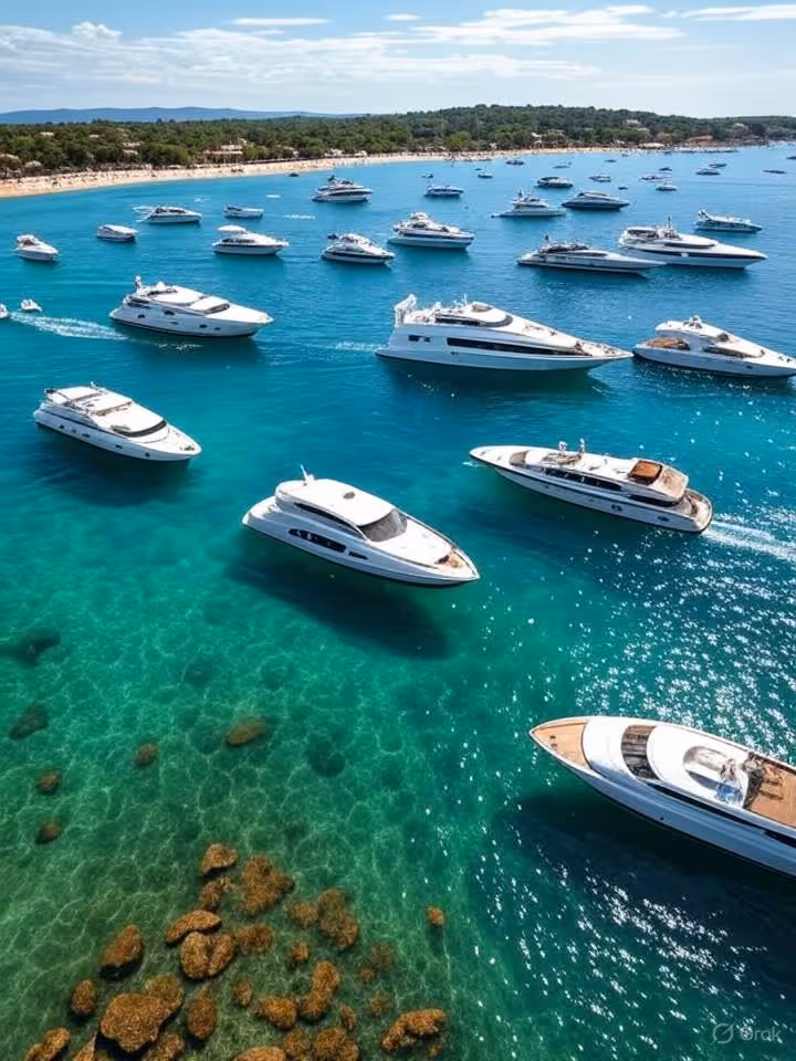 Aerial view of luxury yachts and speedboats in Saint-Tropez bay, turquoise Mediterranean water, whit