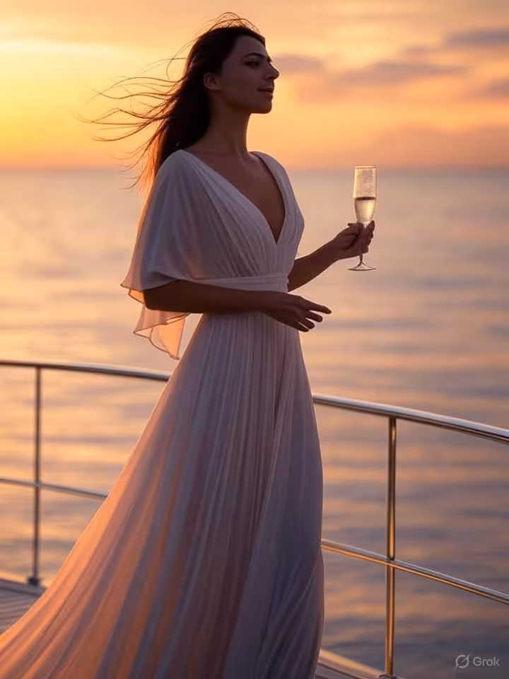 Elegant woman's silhouette against Mediterranean sunset, yacht deck, flowing designer dress, champag