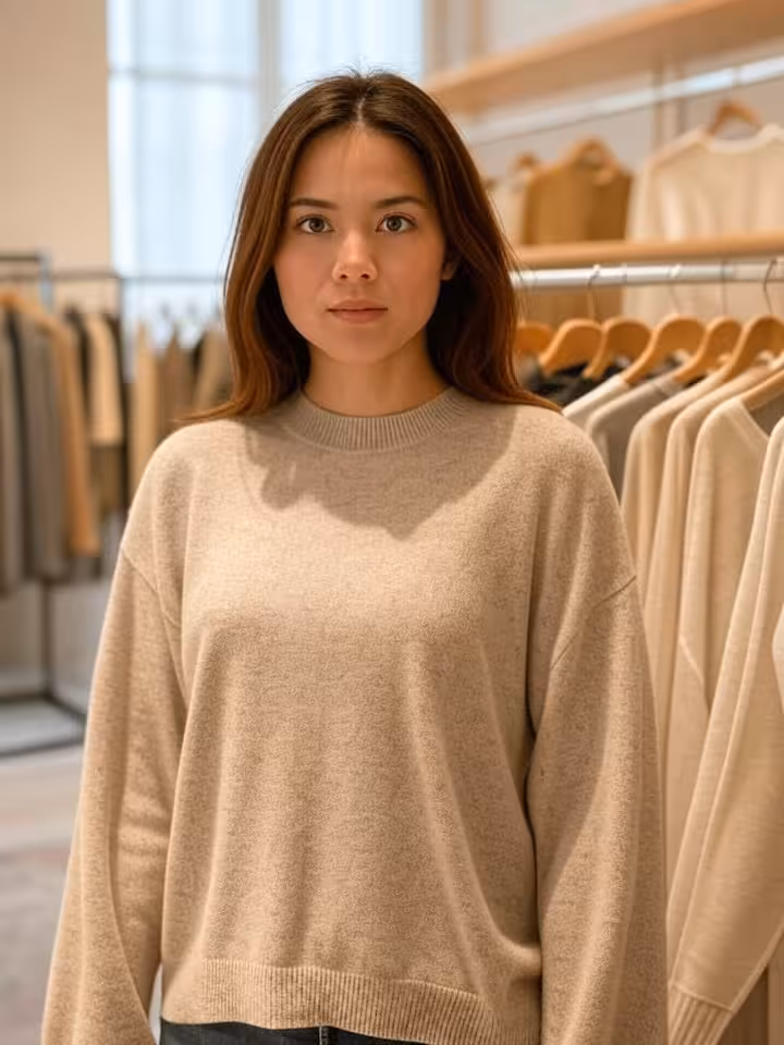 Designer boutique shopping scene, neutral tones cashmere clothing, minimalist luxury aesthetic, soft