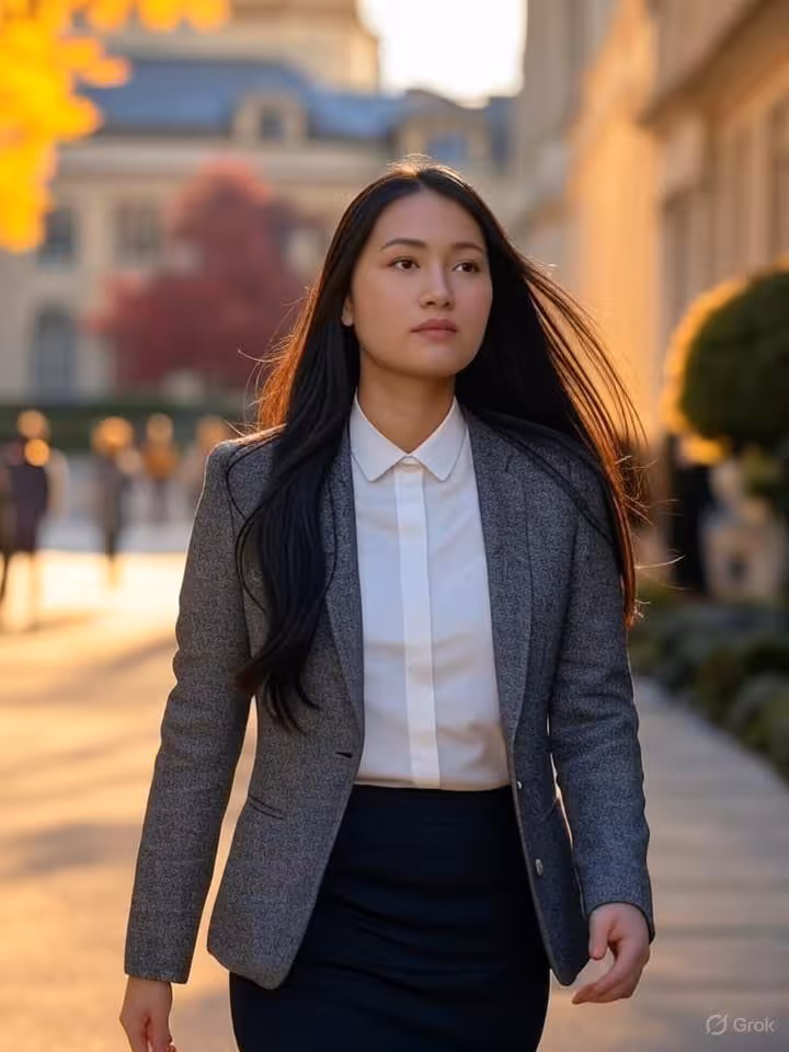 Stylish female student walking through prestigious university campus, autumn leaves, classic archite