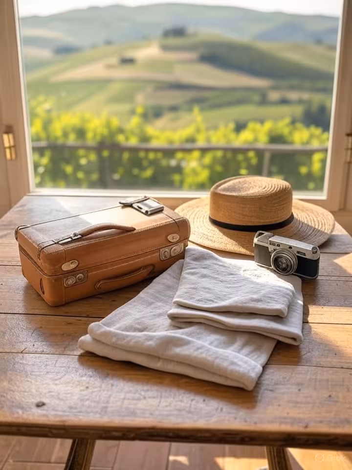 Serene minimalist travel scene: simple elegant suitcase in neutral leather, straw hat, linen clothin