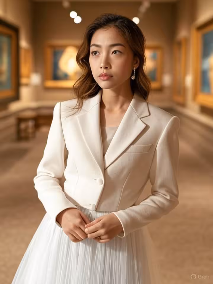 Elegant scene of young woman enjoying cultural experience at art gallery or luxury venue, thoughtful