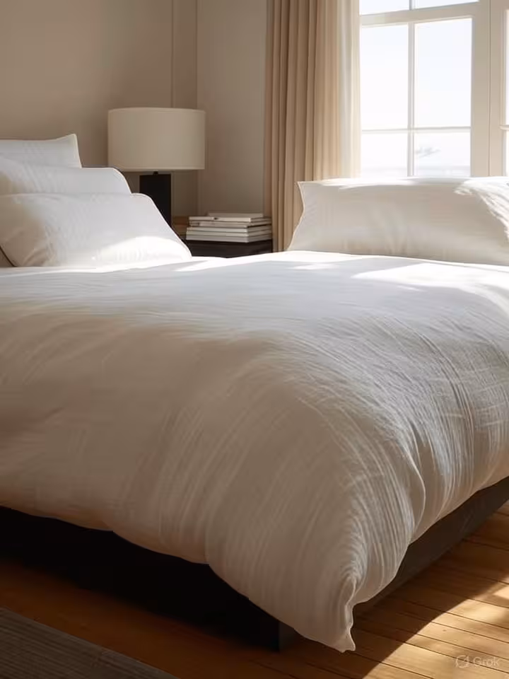 Modern minimalist bedroom interior with morning light, white linen bedding, designer furniture, art