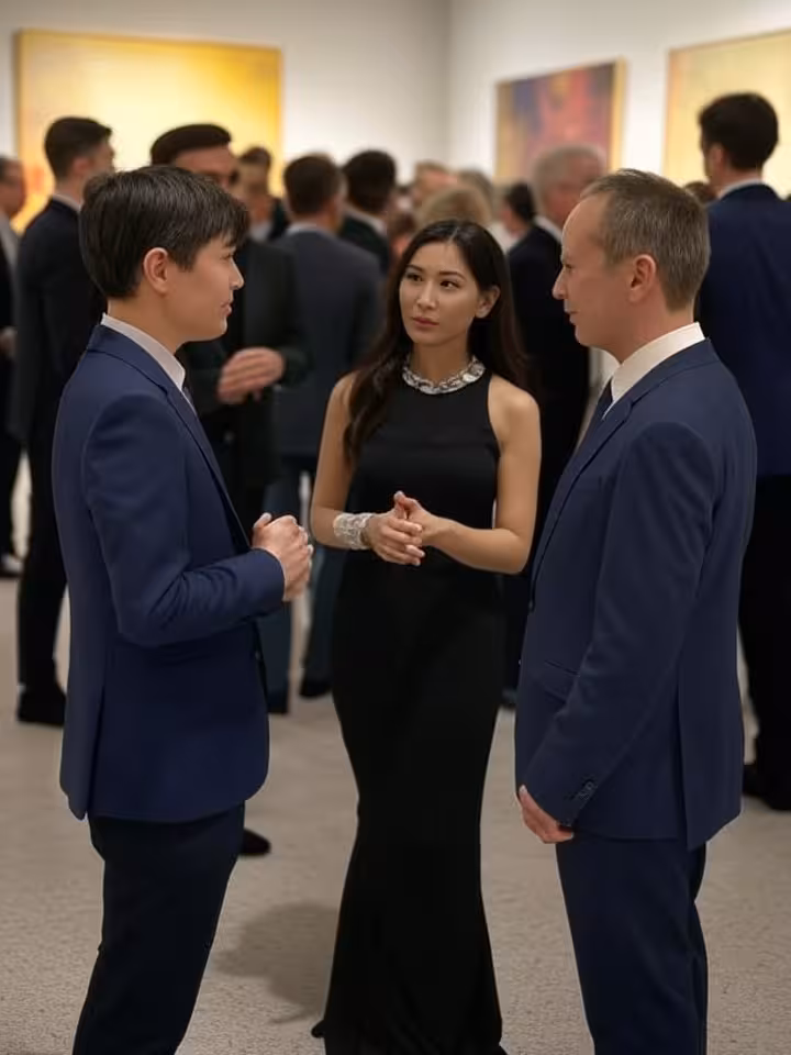 Modern art gallery opening night, well-dressed diverse crowd networking, contemporary paintings back