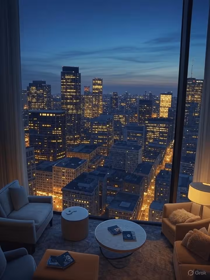 Sophisticated cityscape view from high-rise apartment or hotel, evening lights, elegant interior det