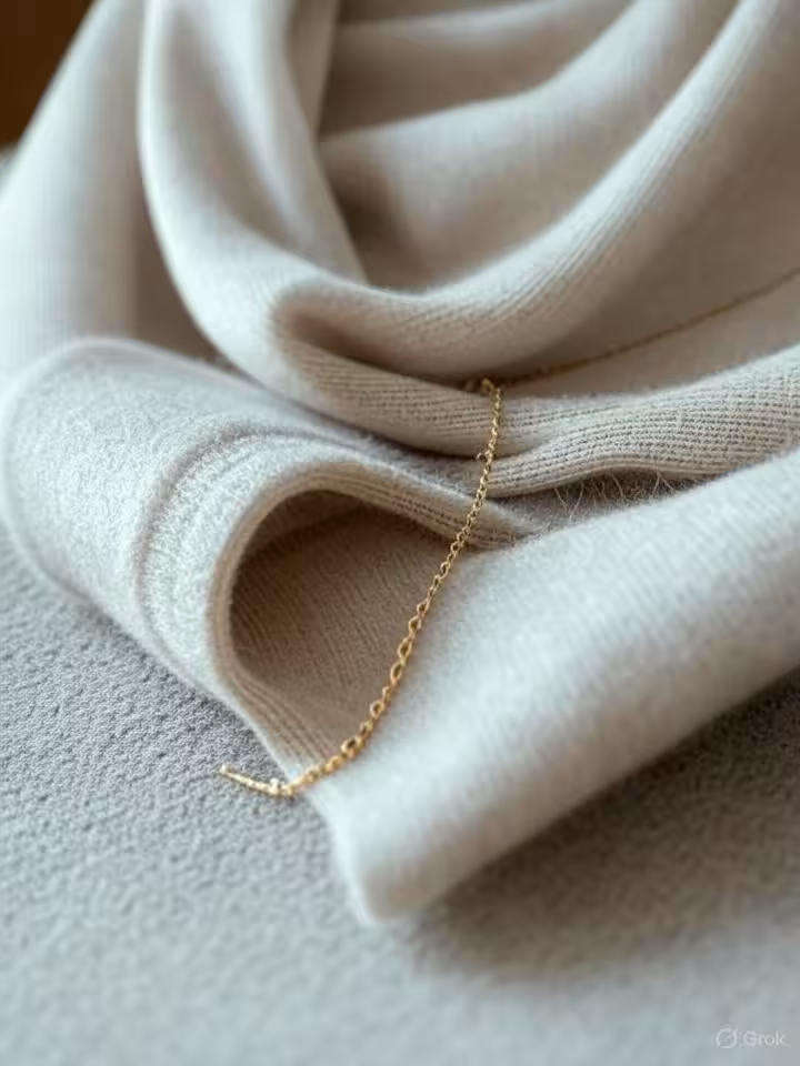 Close-up detail of quiet luxury fashion elements, cashmere fabric texture, minimal gold jewelry, neu
