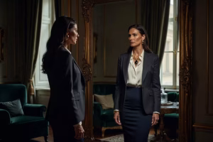 Elegant woman in her 40s wearing designer jewelry and sophisticated business attire, looking at her