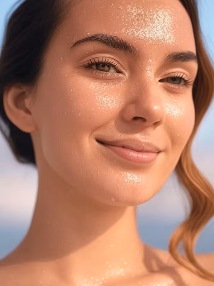 Close-up of glowing radiant skin with water droplets, dewy finish, professional beauty photography, 