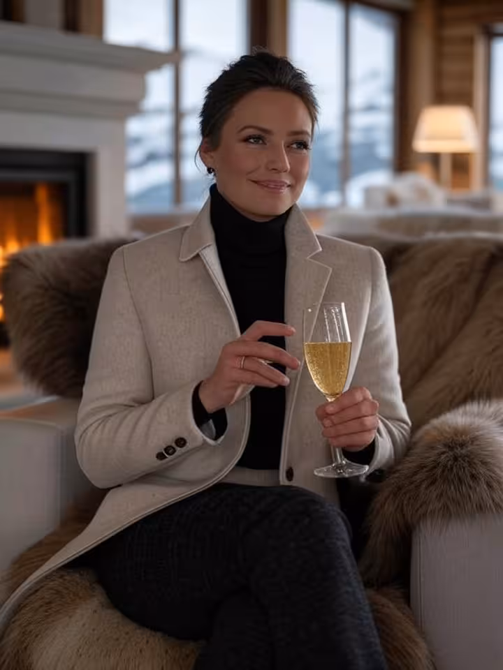 Elegant woman in designer ski wear sitting by fireplace in luxury mountain chalet, soft lighting, fu