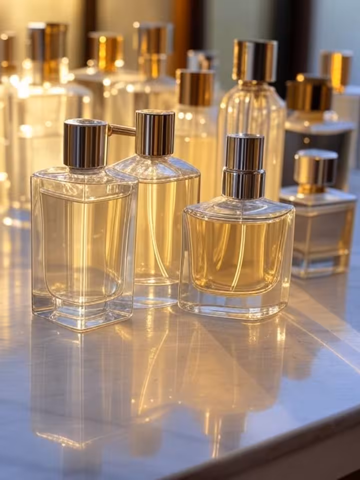 Artistic arrangement of luxury perfume bottles on marble surface, golden hour lighting, niche fragra