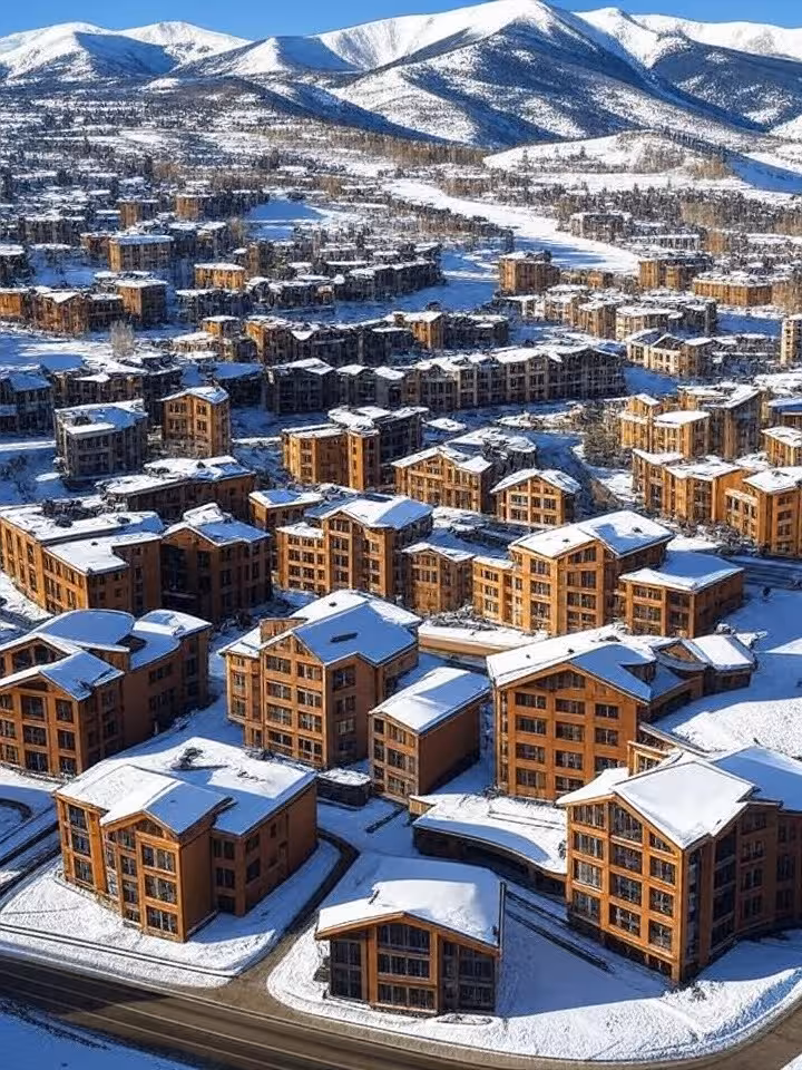 Aerial view of Aspen Colorado ski slopes with luxury chalets, Rocky Mountains landscape, vibrant ski