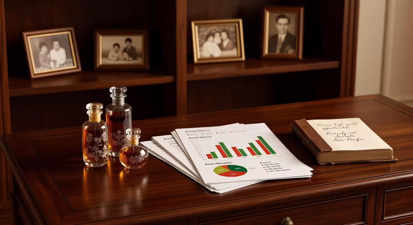 Artisanal perfume bottles on elegant vanity with financial charts and investment documents, soft foc