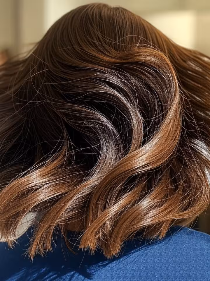 Glossy healthy hair in motion, brunette waves catching sunlight, editorial hair photography, salon l