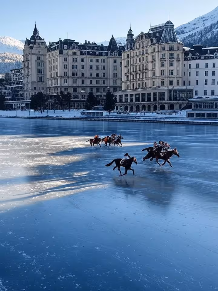 Historic Swiss alpine village St. Moritz with frozen lake and horse racing, elegant Belle Époque arc