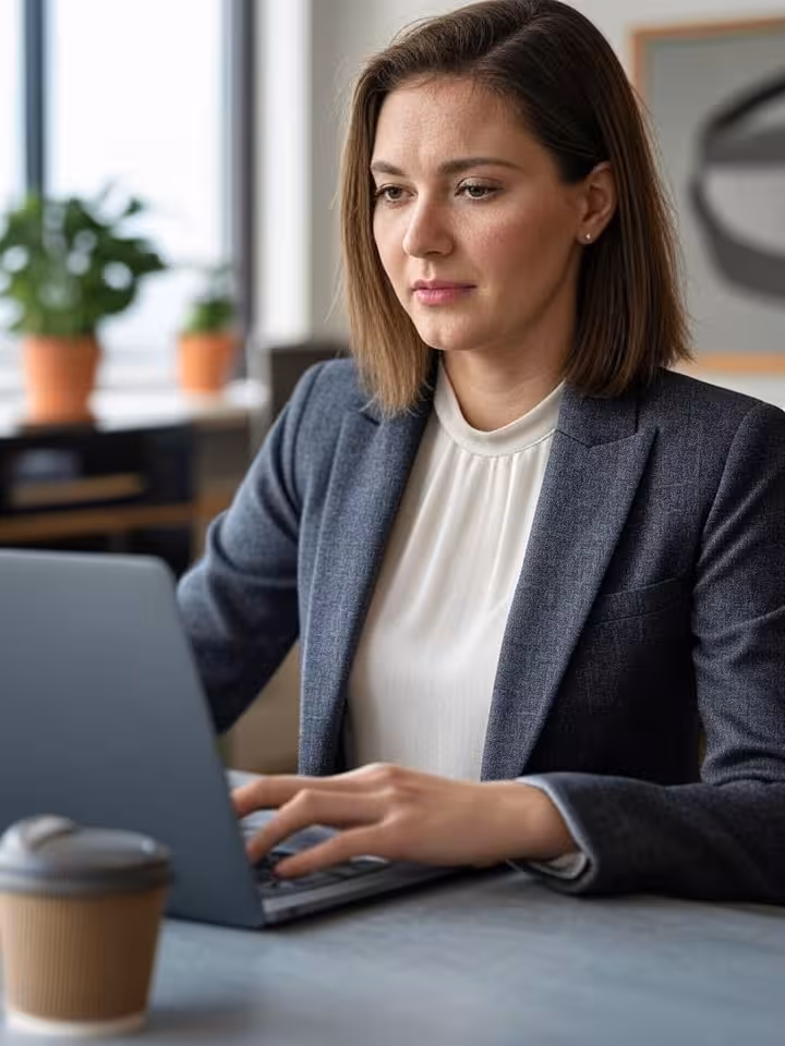 Millennial woman in tailored blazer working on laptop in sophisticated co-working space, natural win