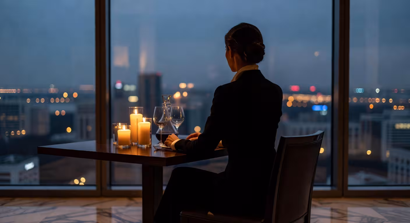 Anonymous silhouette of woman at upscale restaurant, candles on table, blurred city lights through w
