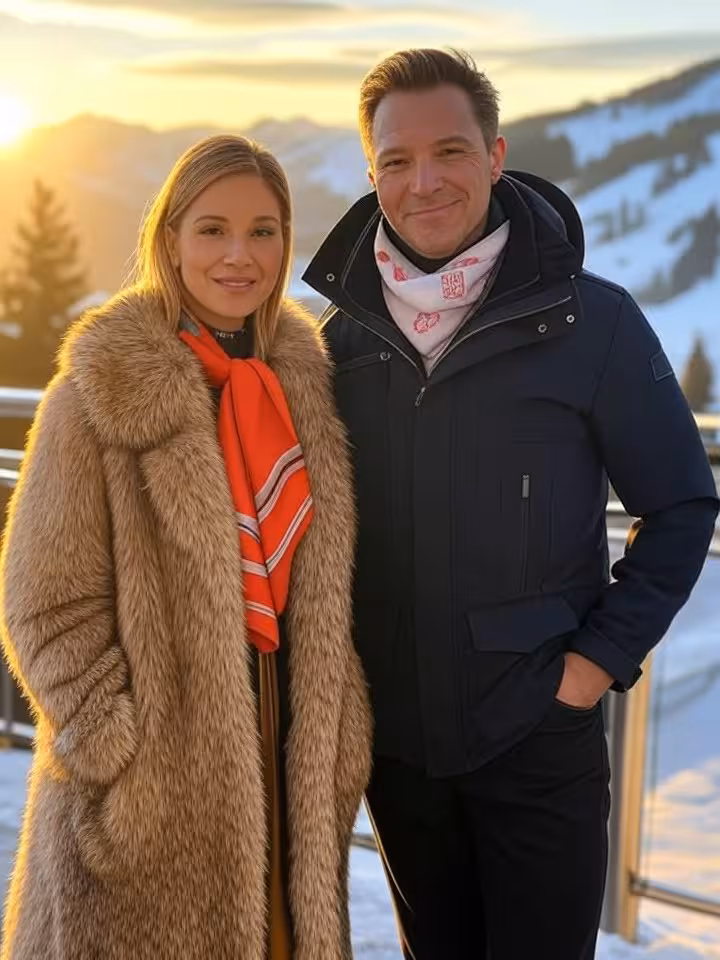 Upscale après-ski scene with fashionable people in quiet luxury clothing, stealth wealth aesthetic, 