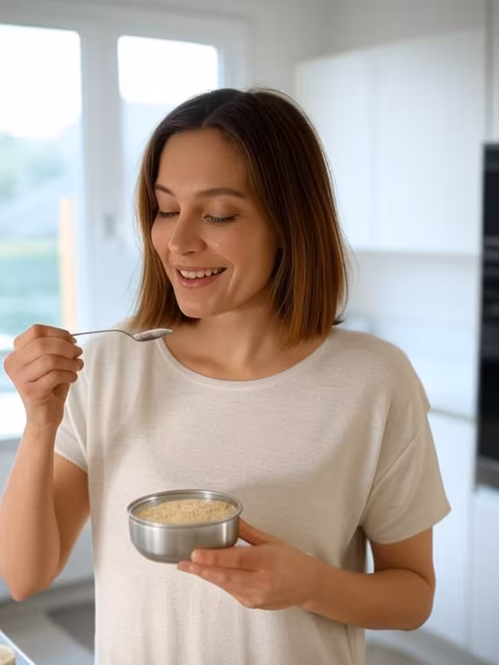 Woman taking collagen supplement powder in modern kitchen, morning wellness routine, clean aesthetic