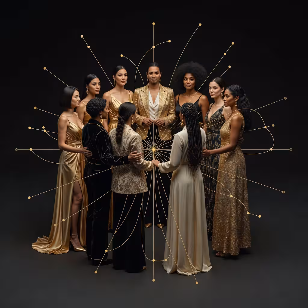 Digital illustration of interconnected women in elegant attire forming supportive circle, abstract n