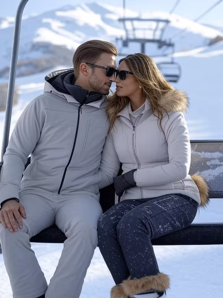 Sophisticated couple on ski lift gondola over pristine slopes, intimate moment, luxury ski fashion, 