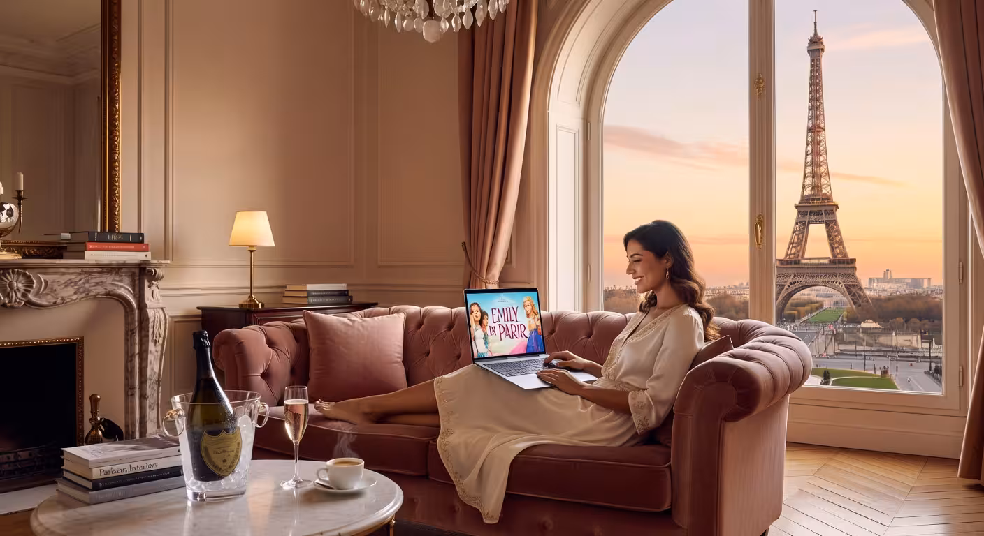 Elegant young woman in designer dress watching Emily in Paris on laptop in chic Parisian apartment w