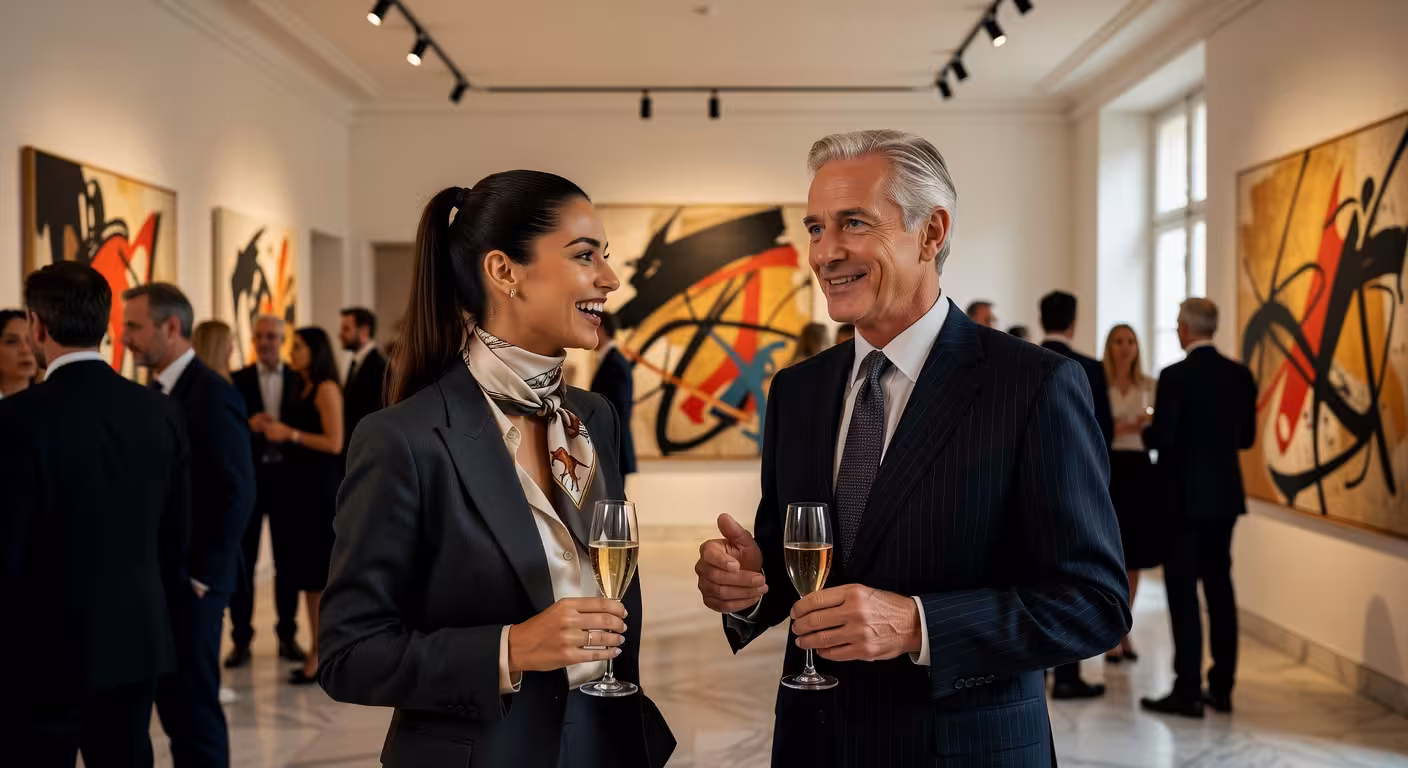 Candid moment at upscale Paris gallery opening, well-dressed young woman meeting distinguished older