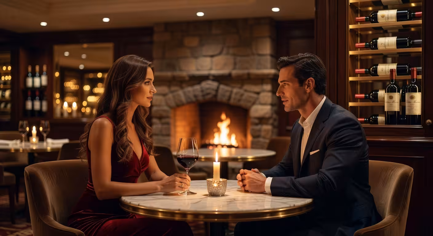 Intimate luxury restaurant scene, couple at candlelit table, Michelin star ambiance, wine glasses, s