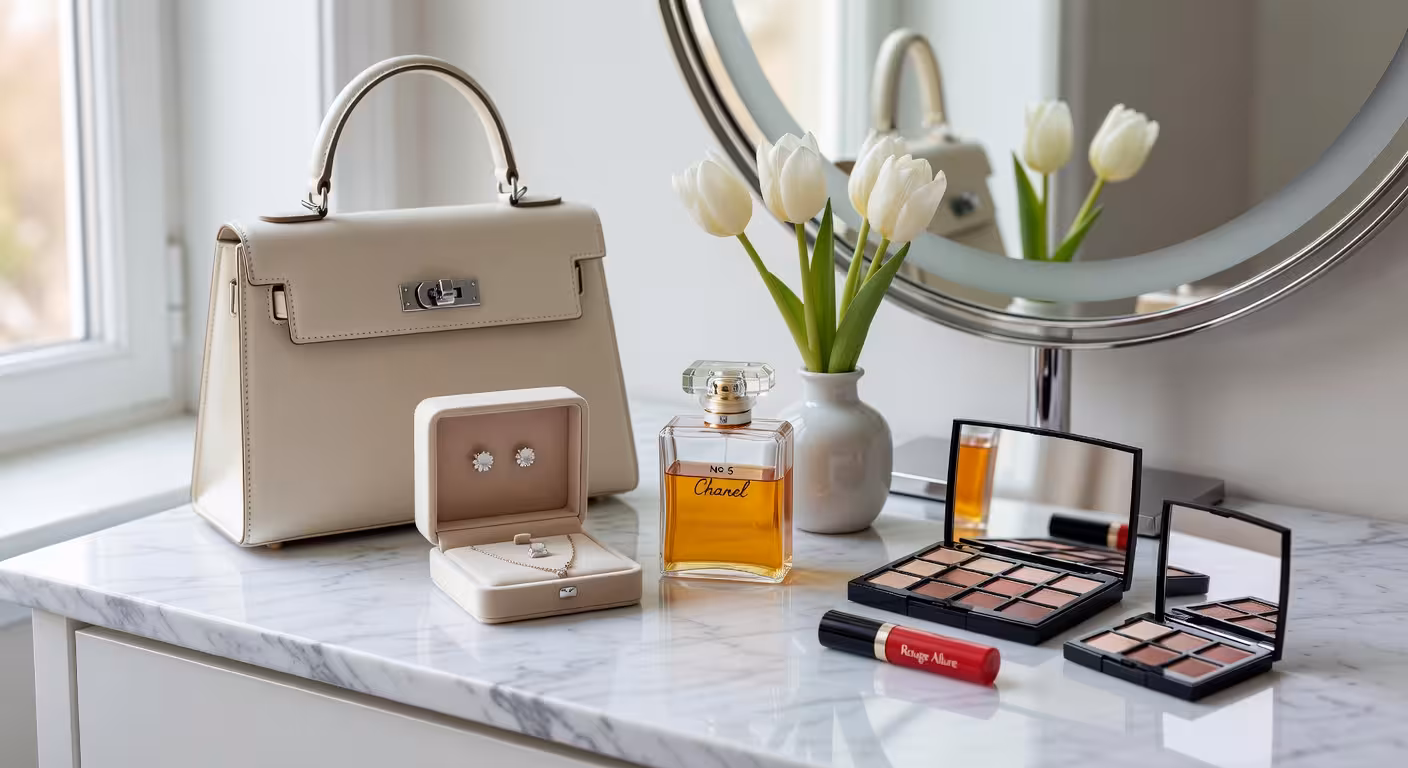 Close-up of designer accessories and beauty products on marble vanity, soft natural light, investmen