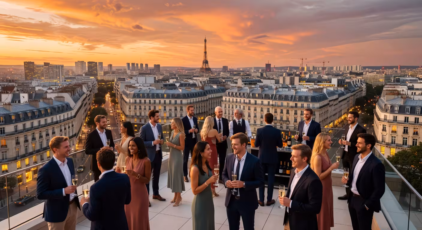 Aerial view of exclusive Paris rooftop party at sunset, young professionals mingling, champagne serv